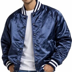 VTG Aristo Jac USA Navy Satin Bomber Jacket Mens L 70s 80s Varsity Coach Snap